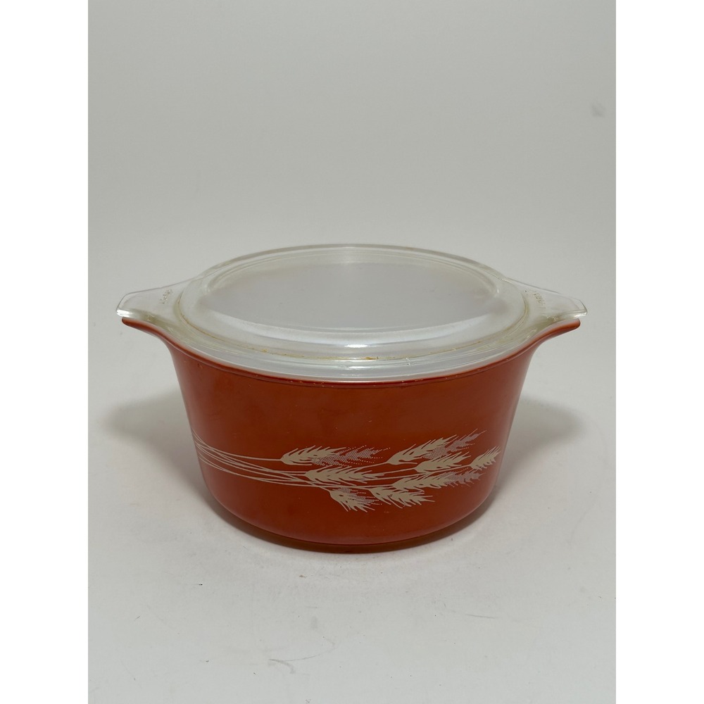 Vintage Pyrex Autumn Harvest 473-B 1 Qt Casserole Dish with Lid Orange Wheat